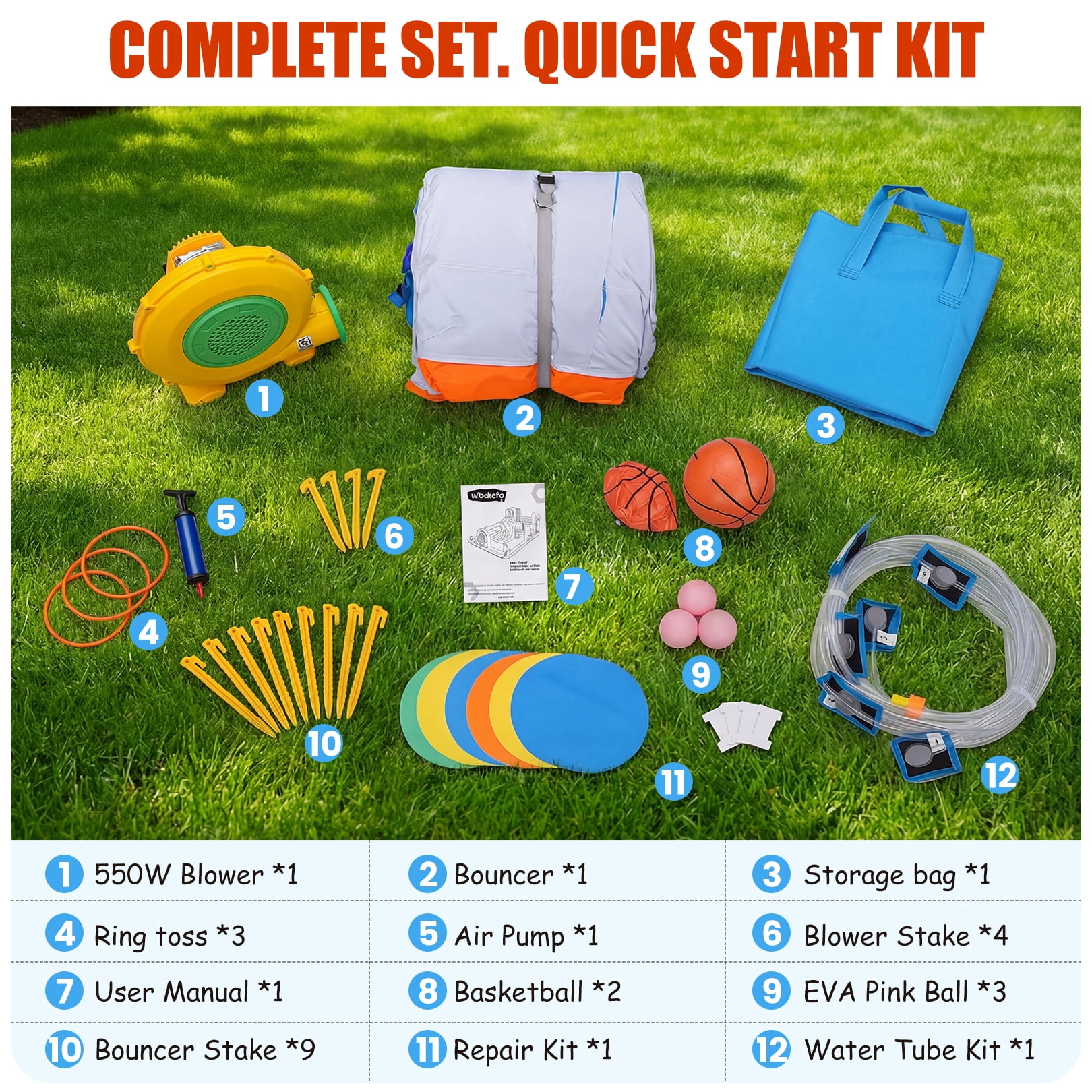 Veeboto Bounce House with 550W Blower, Inflatable Water Slide with Bounce Area, Slide, Pool, Basketball Hoop, Obstacle Poles, Ball Net, Water Cannon, Indoor & Outdoor Bounce Castle for Ages 3-12