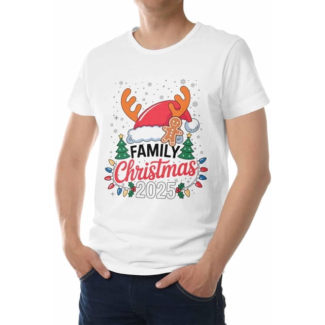 T-Shirts for Men, 2025 Christmas Hat Antlers Crew Neck Cotton T-Shirt Men's Short Sleeve Xmas Tree Snowflake Light Balls