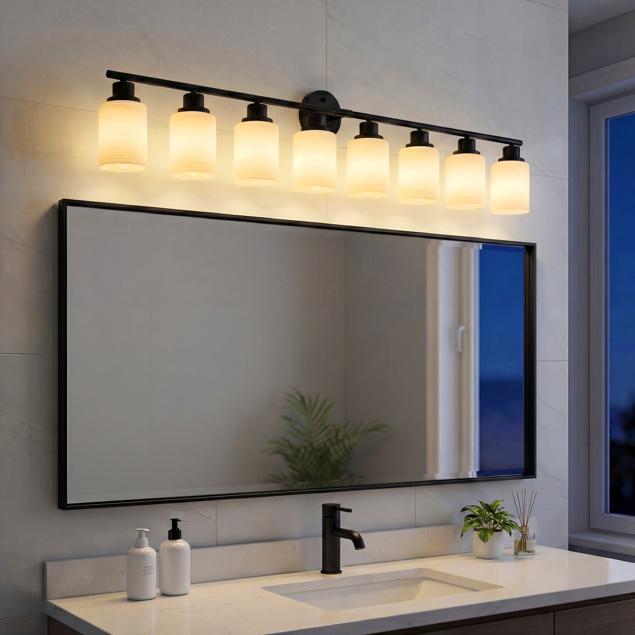 52" Modern 8-Light Vanity Bathroom Light Fixture, Black Iron Frame with Frosted White Glass Shades, Wall Sconce for Mirror, Bedroom, Bathroom, or Dressing Room (Bulbs Not Included)