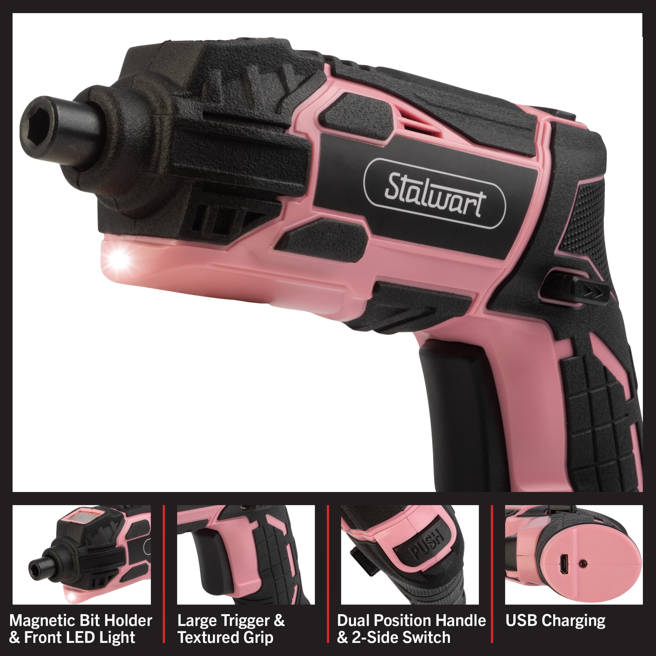 Stalwart Cordless Electric Screwdriver 45pc Set with 2 Position Grip, Pink