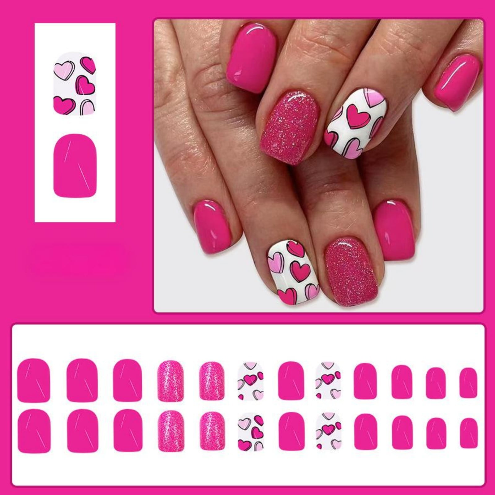 Short Glossy Square Nails Valentine's Day Fuchsia Heart Glitter