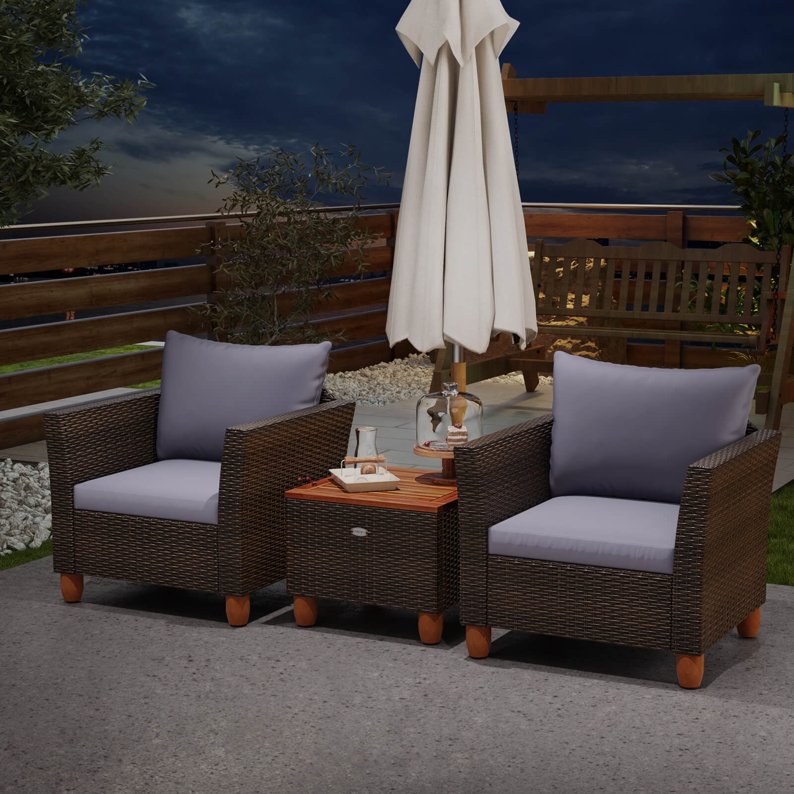 Costway 3 PCS Outdoor Patio Rattan Bistro Furniture Set Wooden Table Top Cushioned Sofa Gray
