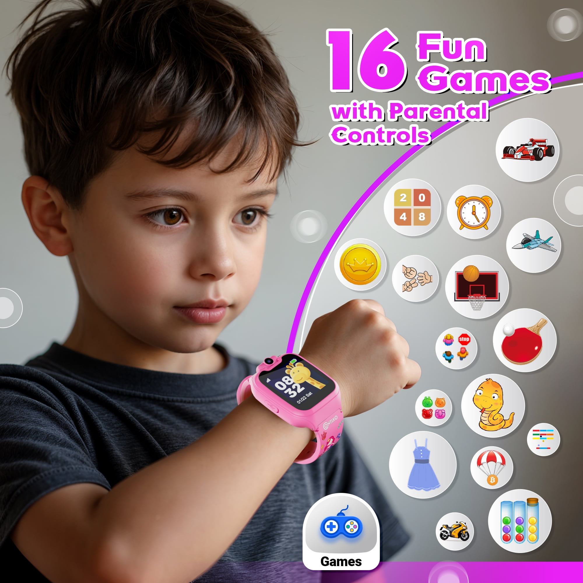 Contixo Kids Smart Watch with 1.54” HD Touch Screen, Kids Watch with 16 Educational Games and Rotating Camera, Pink