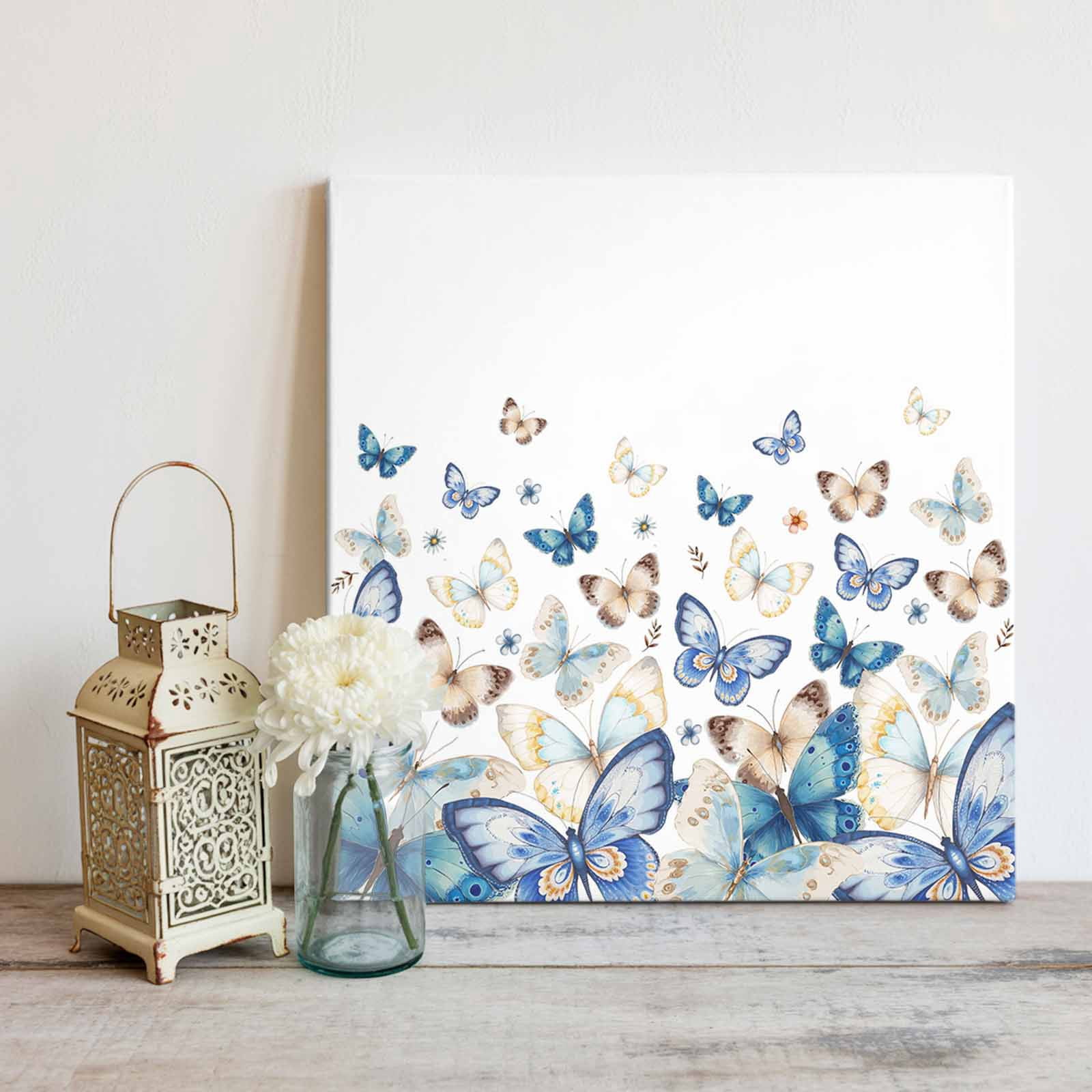 Blue Butterfly Canvas Wall Art, Farmhouse Floral Framed Wall Decor Modern Artwork Prints Painting for Living Room, Bedroom, Kitchen & Cafe Decor 28x28 Inch