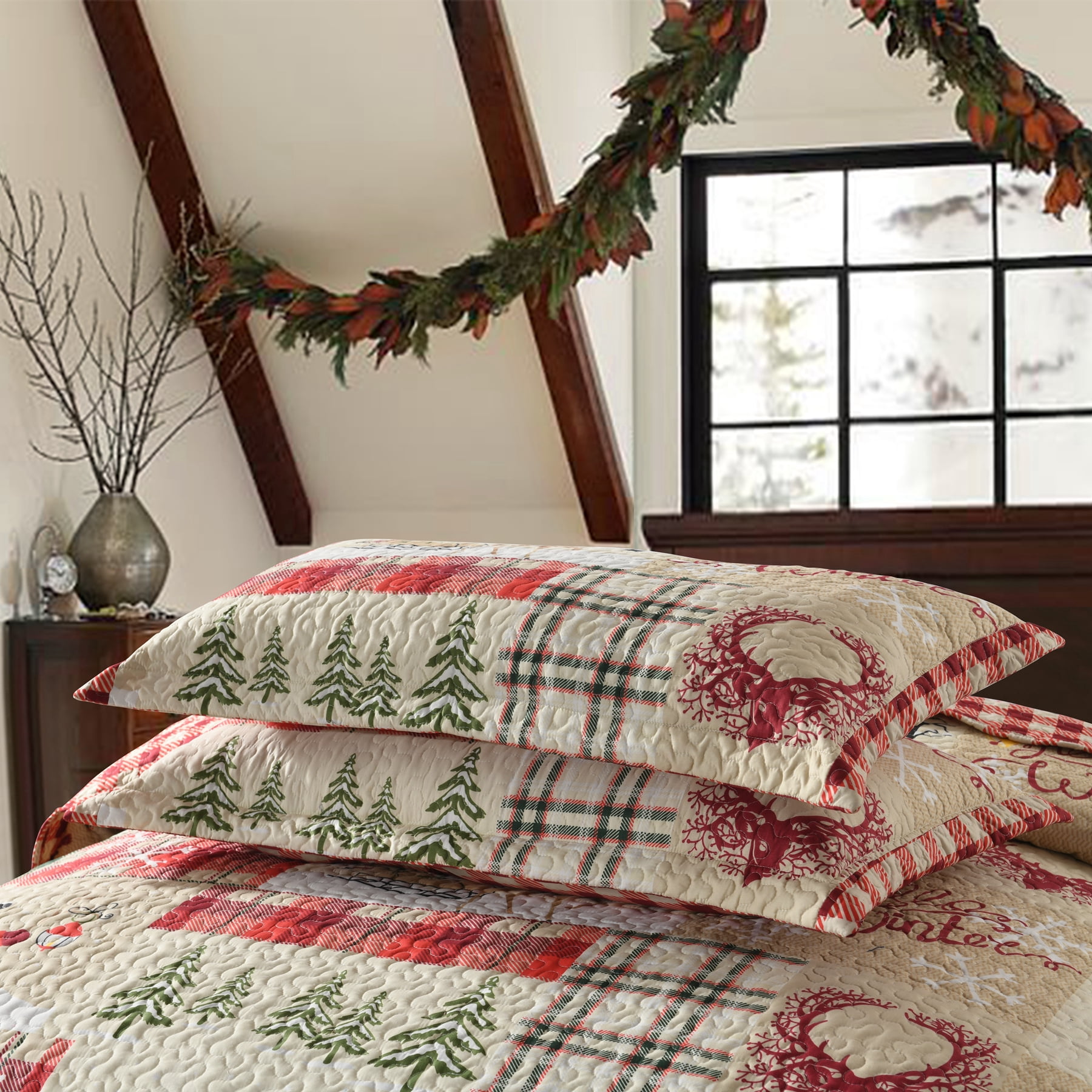 MarCielo 3 Piece Christmas Rustic Lodge King Size Deer Quilted Bedspread/Quilt