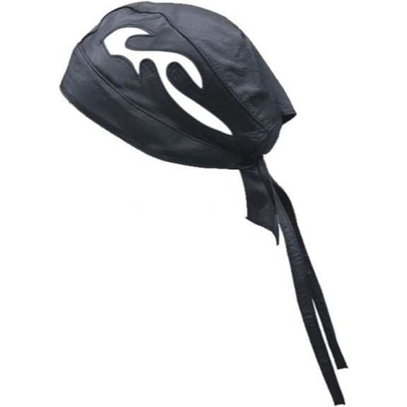 Leather Skull Cap with White Flames Print for Biker Motorcycle Riders