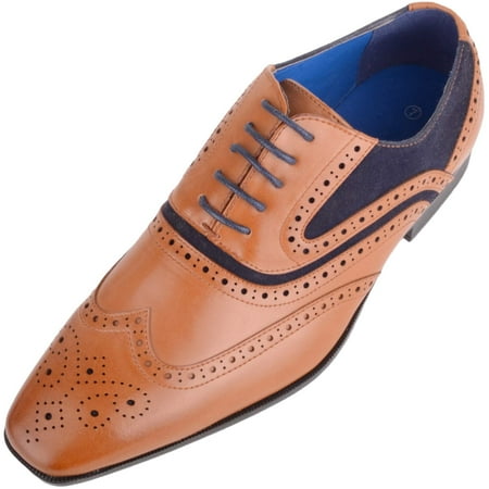 ABSOLUTE FOOTWEAR Mens Slip On Lace Up Formal Smart Work Suit Shoes Brogues with Contrasting Detail - Tan/Navy - US 10