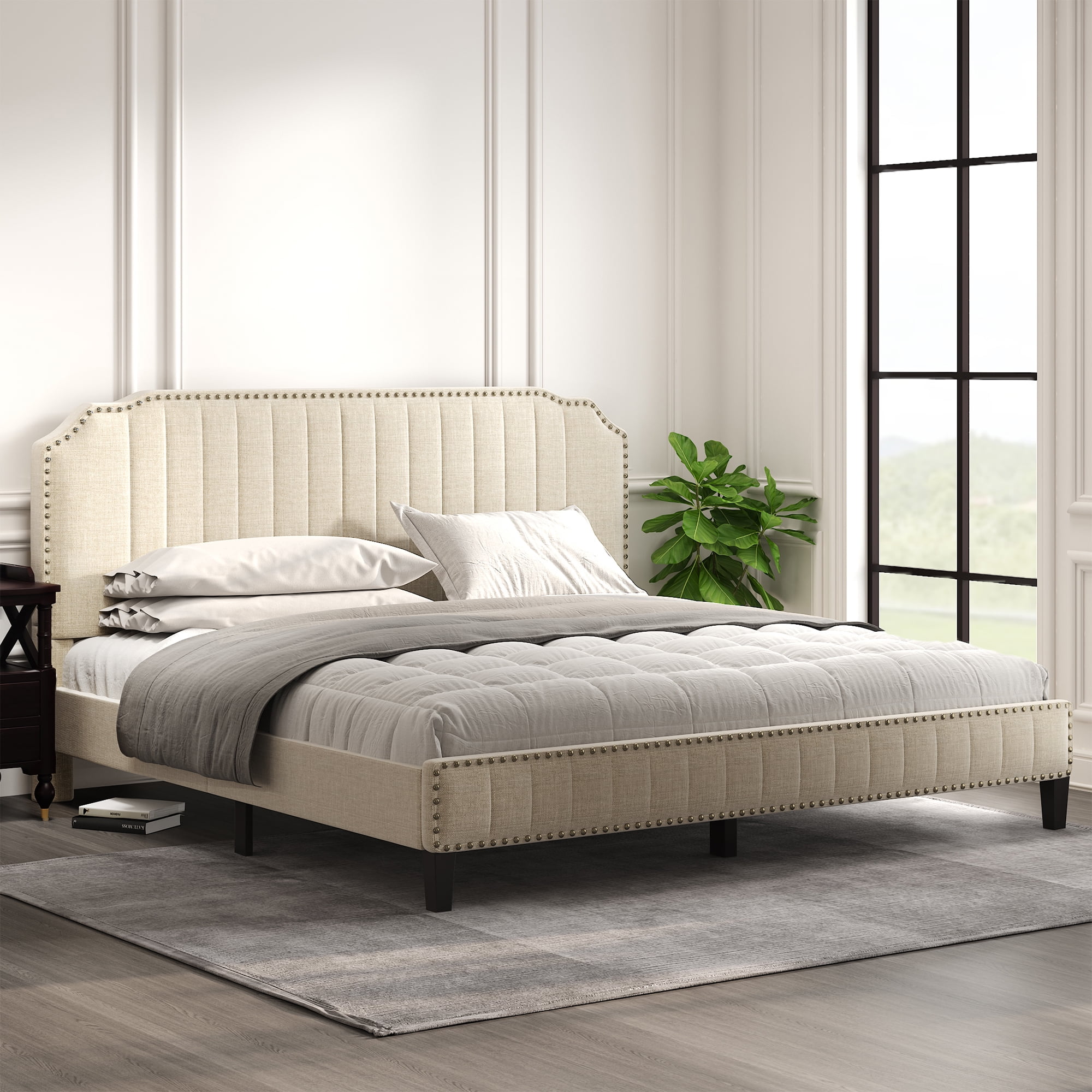 Cream Upholstered Platform Bed King Size Frame With Solid Wooden Slat Support And Curved Wingback Headboard Heavy Duty Mattress Foundation No Box Spring Required Q17755 Com King Bed Mattress Foundation, King Size Bed Mattress And Base