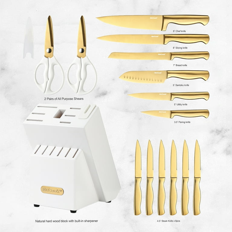 NEW Marco Almond Gold Titanium Knife Set Acrylic Stand 14 Piece