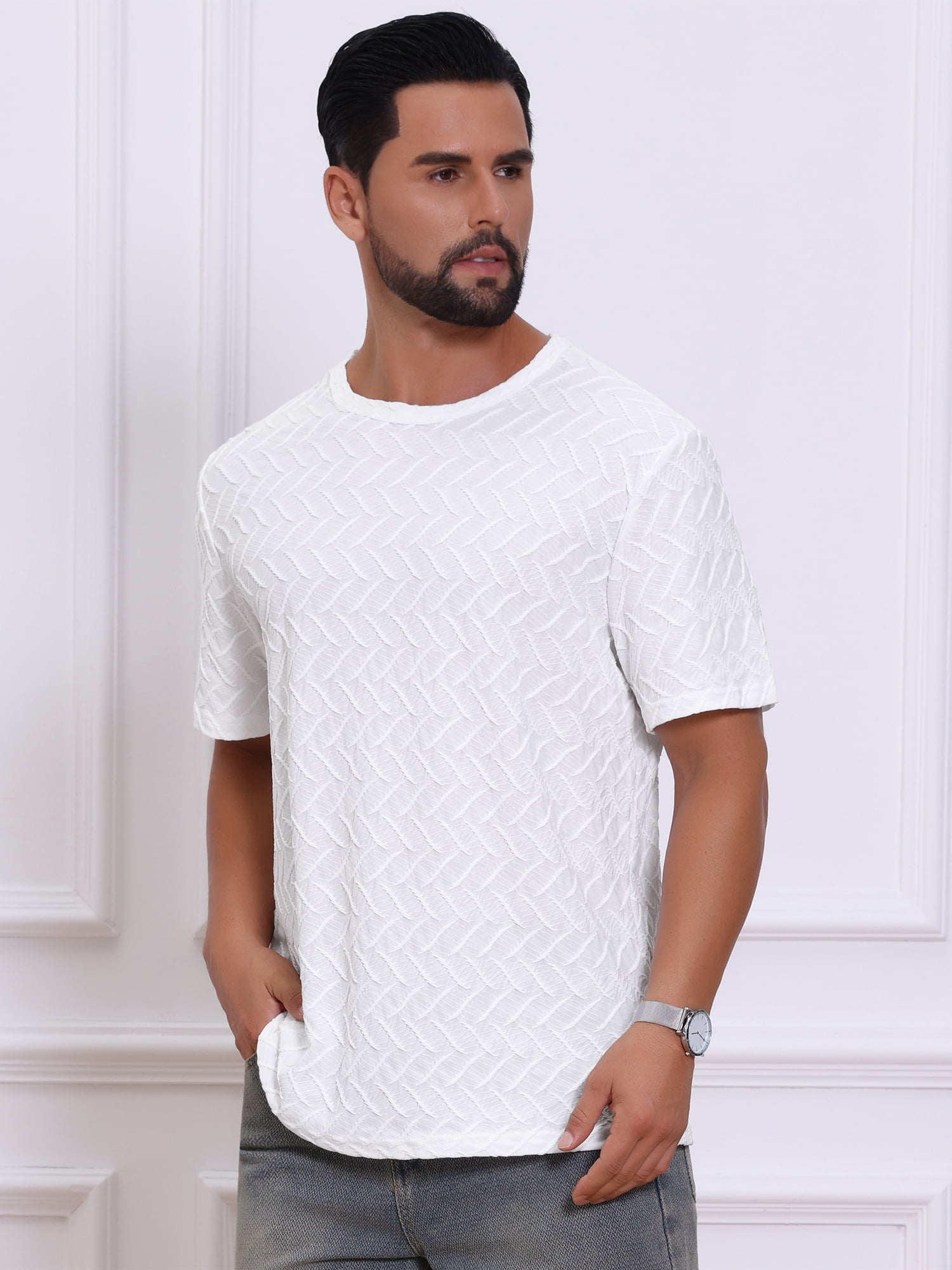 DARING DIVA Men's Knitted T-Shirts Short Sleeve Crew Neck Jacquard T-Shirt M White
