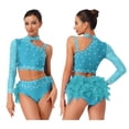 thumbnail image 5 of inlzdz Womens Dancewear Set Shiny Sequins One Shoulder Long Sleeve Crop Top with Feather Triangle Shorts Sky Blue S, 5 of 6