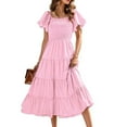 thumbnail image 3 of Weardear Women's Casual Summer Midi Dress Puffy Short Sleeve Square Neck Smocked Tiered Ruffle Midi Dress, 3 of 7