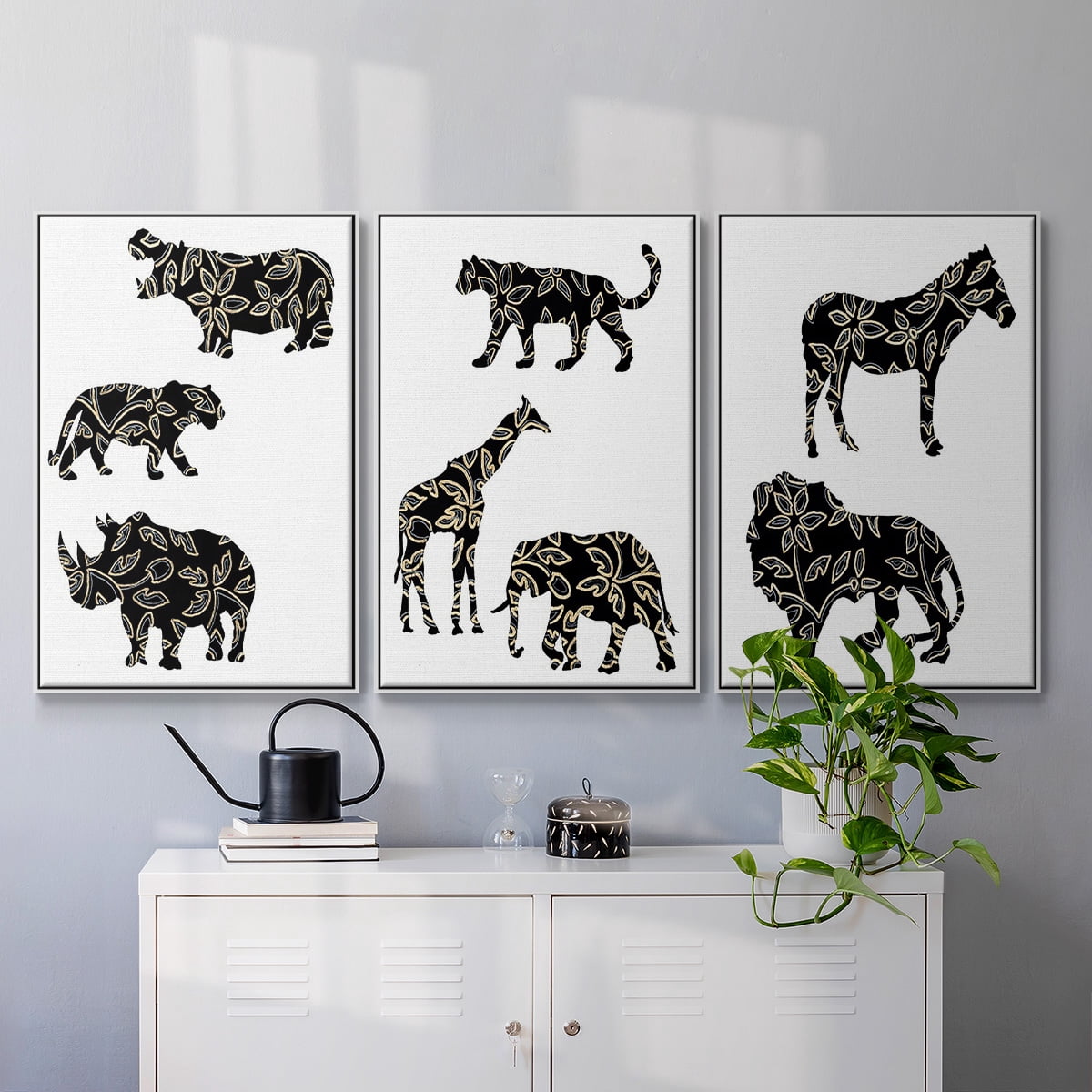 Ornamental Safari Animals I - Framed Premium Gallery Wrapped Canvas L Frame 3 Piece Set - Ready to Hang