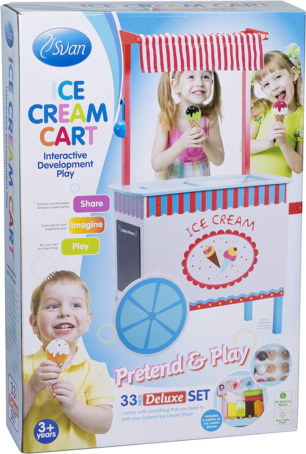 Ice Cream Cart, Kids Playstand Play Shop with 3 Pretend Foods - 49 High -  Colorful Kids Business Pushcart for Development and Learning - Indoor and