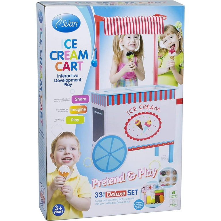 Ice Cream Cart Kids Playstand- Premium Wood 33+ Piece Realistic