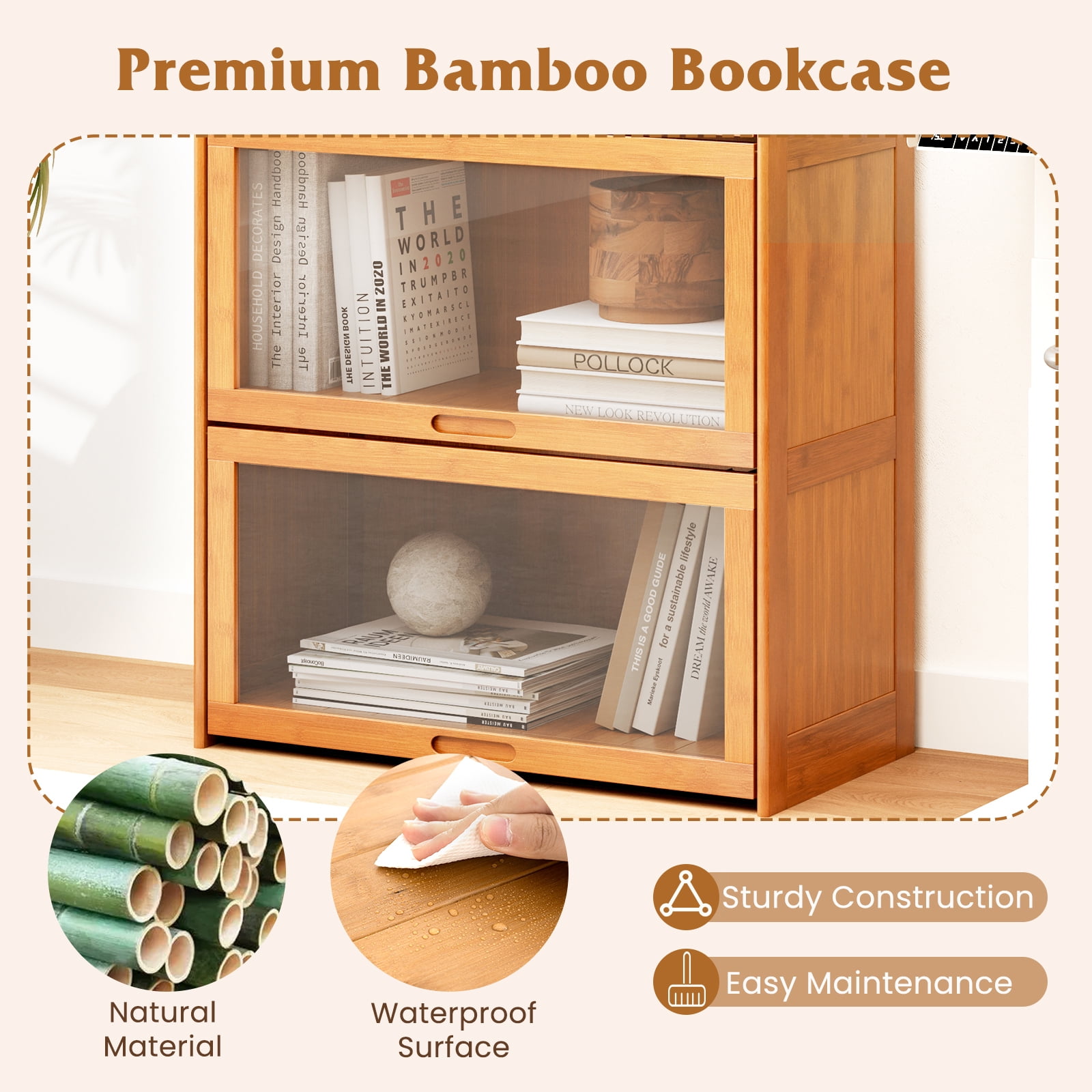 Gymax 4-Tier Bamboo Bookshelf w/Doors See-through Acrylic Doors Freestanding Bookcase Natural