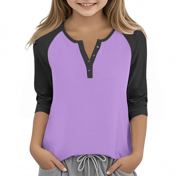 WMTBSRSW Girls T Shirts Casual Raglan 3/4 Sleeve Tee Crewneck Color Block Cute Fall Blouses Henley Tops 3-14 Years7 Years