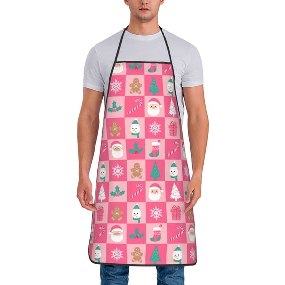 Uemuo Pink Christmas Cheer Printed Bib Apron, Adjustable , Water and Oil Resistant, Cooking Kitchen Chef Apron for Women Men