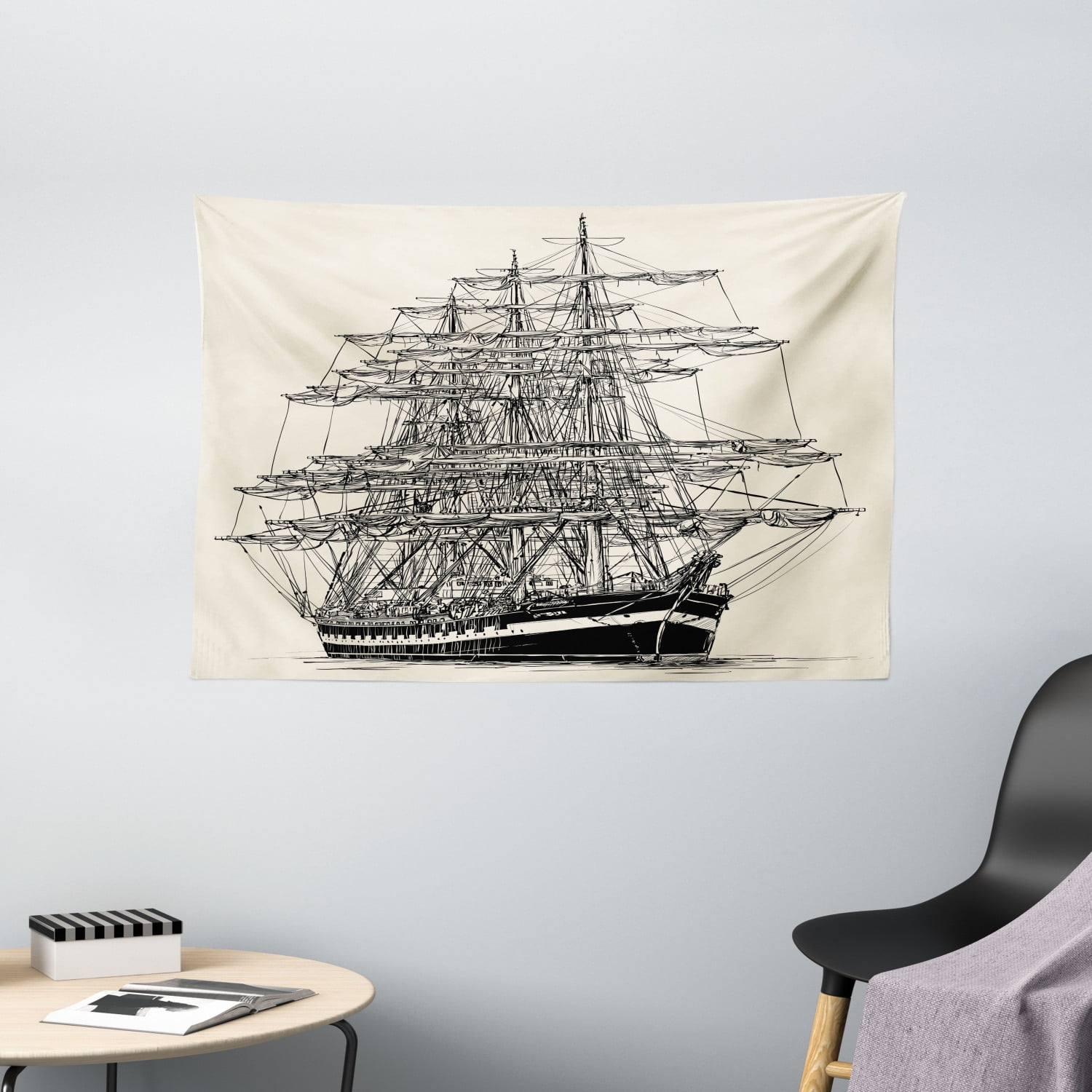 Pirate Ship Tapestry, Sailing Boat Detailed Illustration Nautical