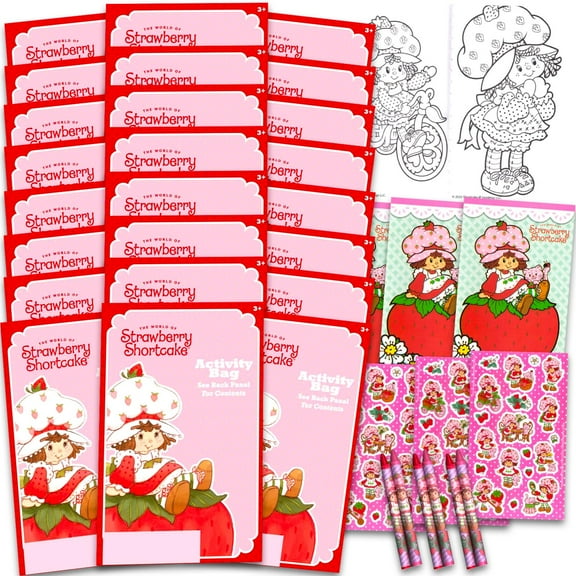 Strawberry Shortcake Party Favors Set for Kids - Bundle with 24 Mini Strawberry Activity Packs | Coloring Book, Stickers, More | Strawberry Shortcake Party Supplies for Girls