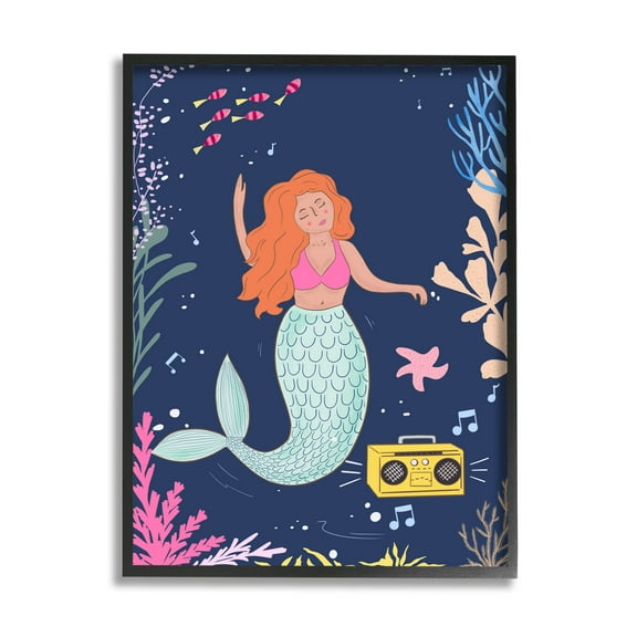 Stupell Industries Happy Mermaid Dancing Boombox Graphic Art Black Framed Art Print Wall Art, Design by Nikita Jariwala