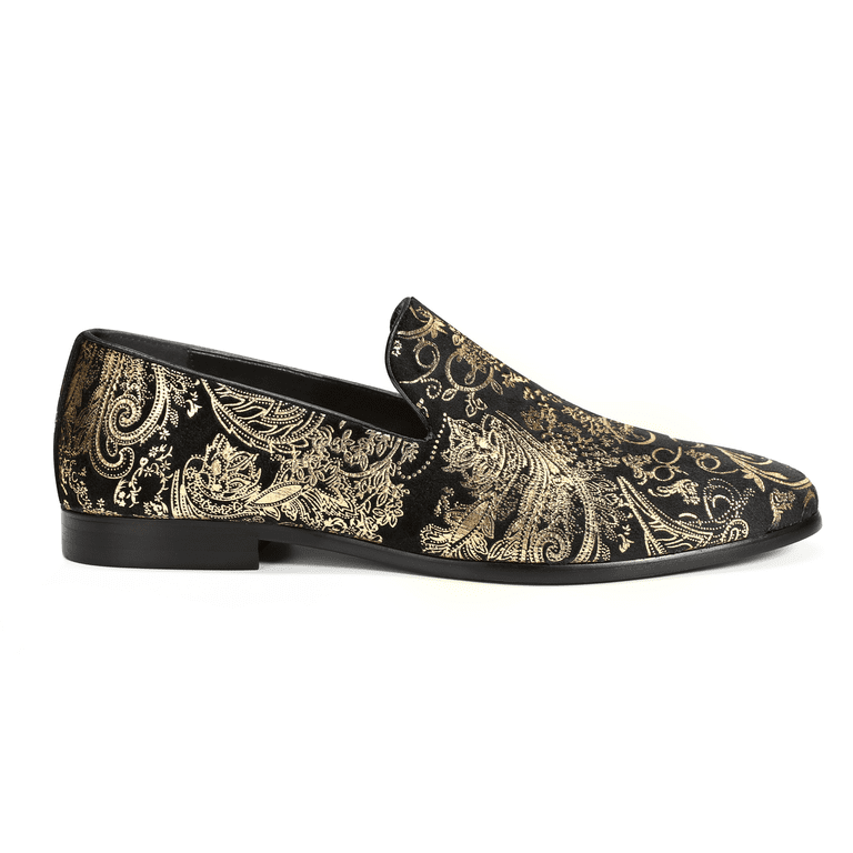 Austin Mill Men's Dress Loafers Slip On Smoking Slippers Velvet Casual Formal Shoes with Floral Pattern for Wedding Party Prom, Size: 12, Gold