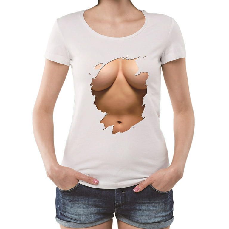 Womens Sexy Big Boobs Printed Short Sleeve Tee Shirt Tops Crew Neck Cute 3D  Boob Summer T Shirts Plus Size(A-XL) 