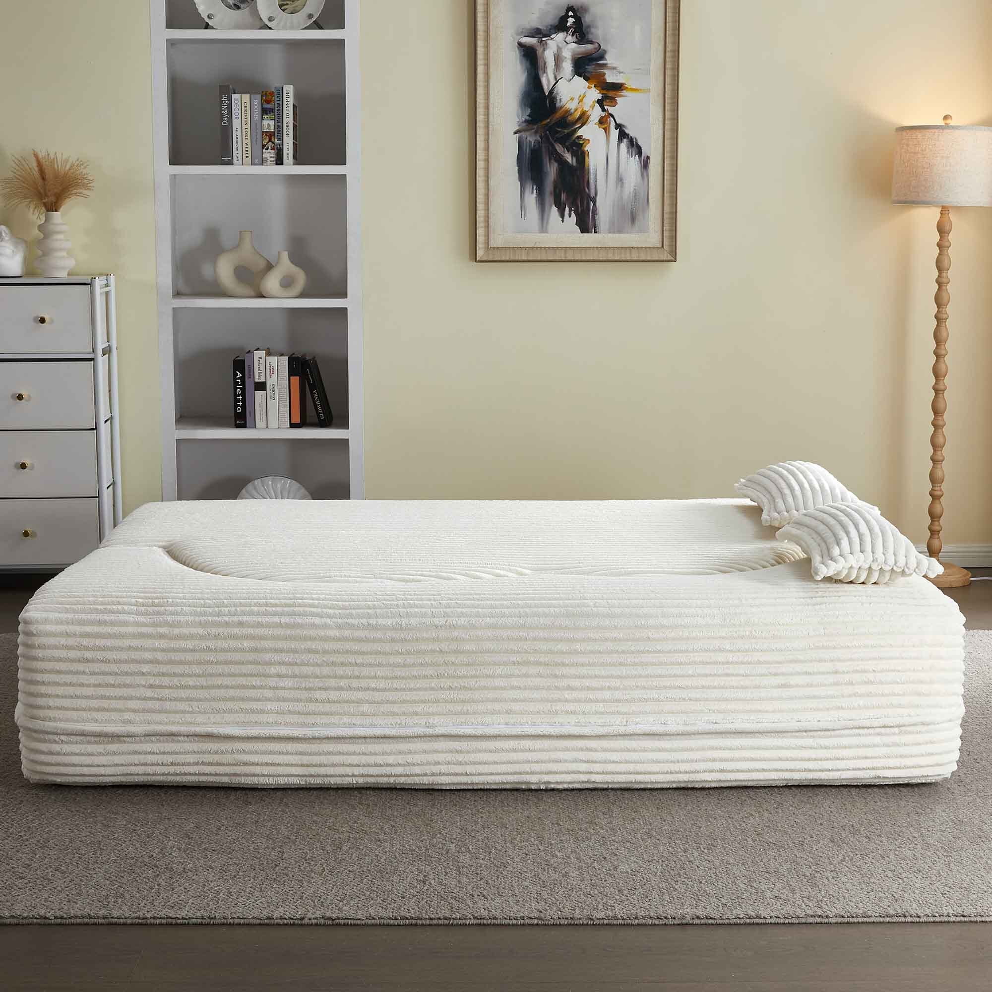 Lunale Full Size Convertible Sofa Bed, Boneless Cloud Couch, Folding Floor Sleeper Sofa for Living Room, Beige Corduroy