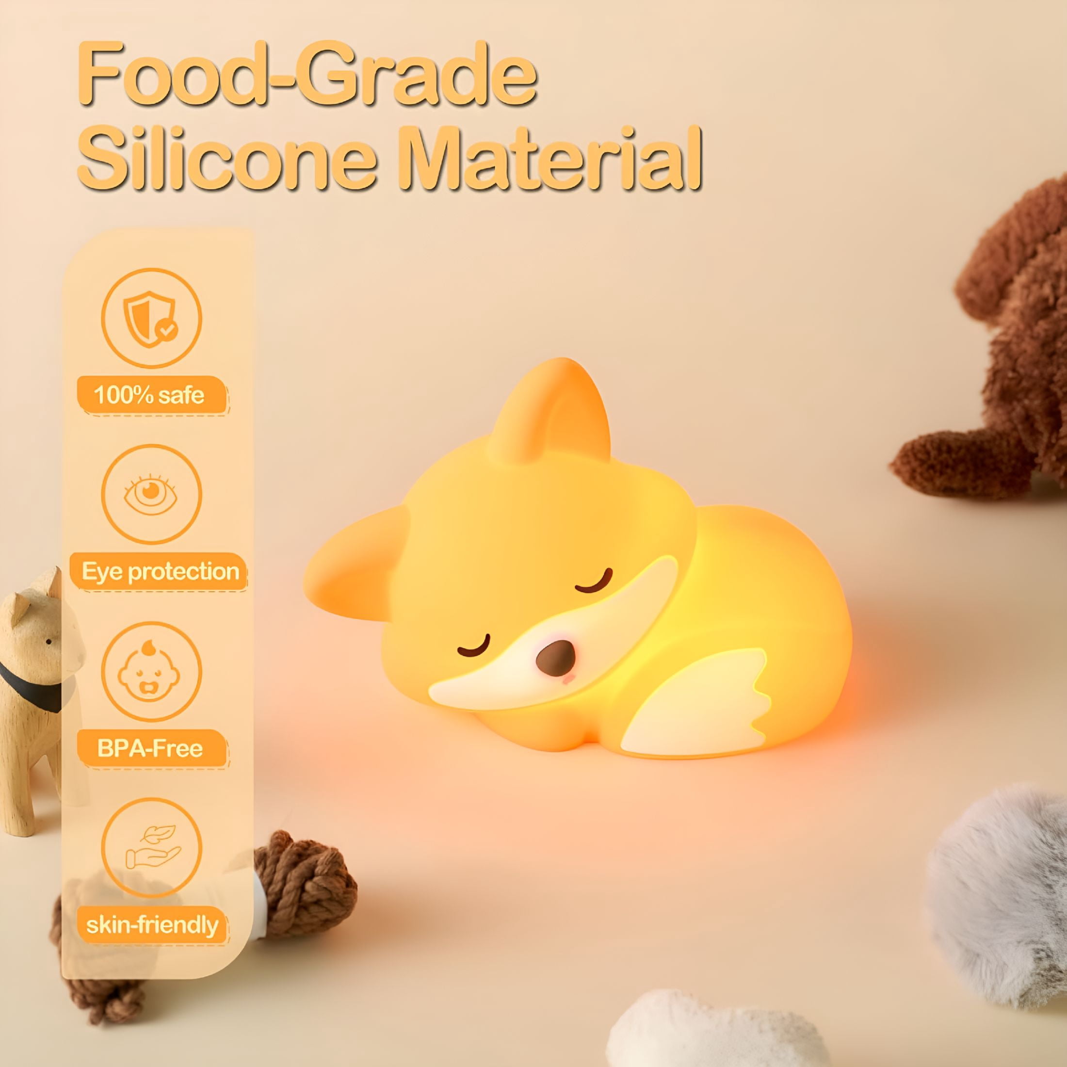 HIBIBUD Fox Night Light,Led Soft and Fluffy Novelty Animal Lamp,Food Grade Silicone,2 Level Dimmable,Nursery Nightlight for Desk Decor,Funny Gifts Stuff for Boys Girls Baby
