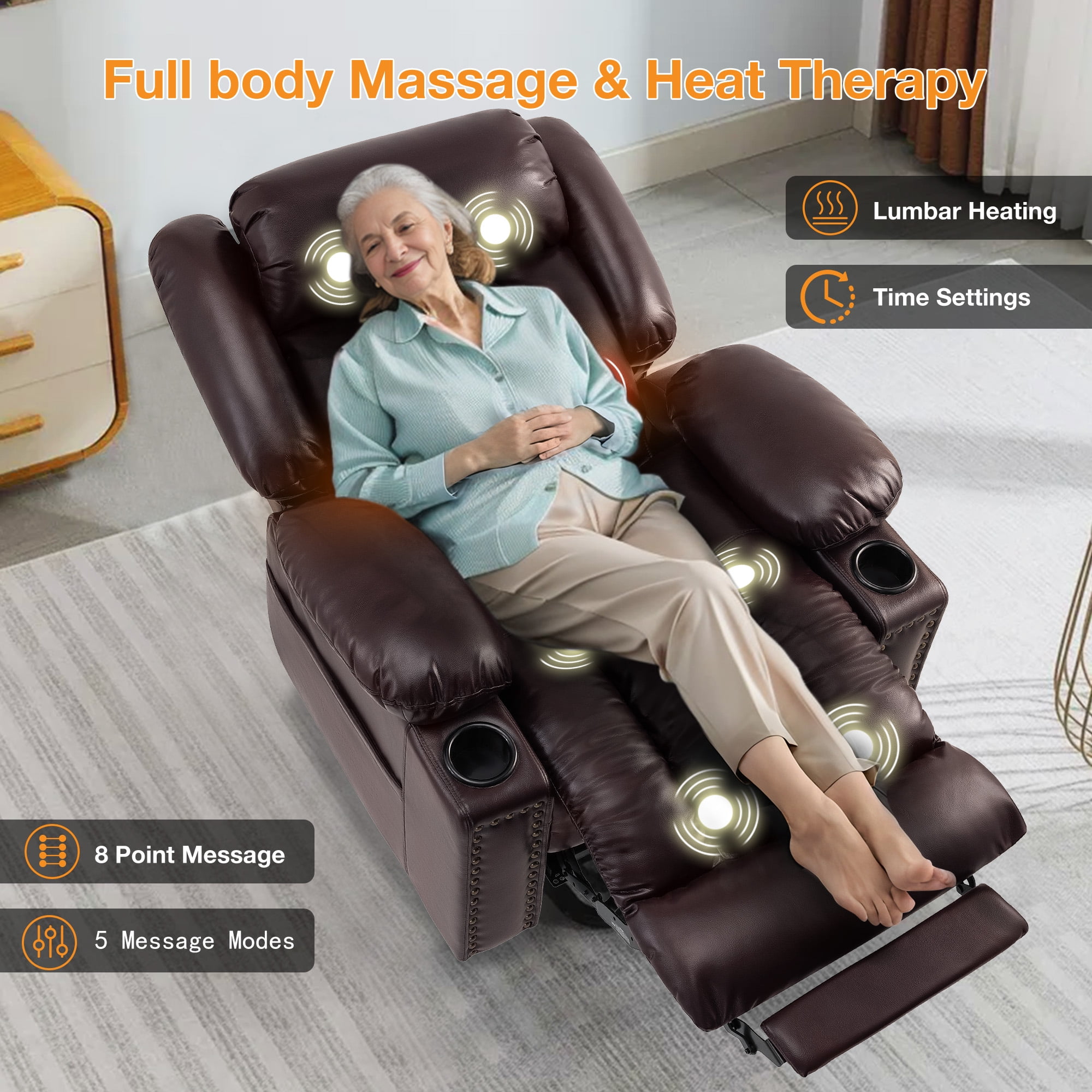 Triple Motor Large Power Lift Recliner Chair for Elderly with Heat and Massage, Lay Flat Lift Chairs for Seniors Infinite Position, Extended Footrest, USB Ports, Cup Holder, Faux Leather