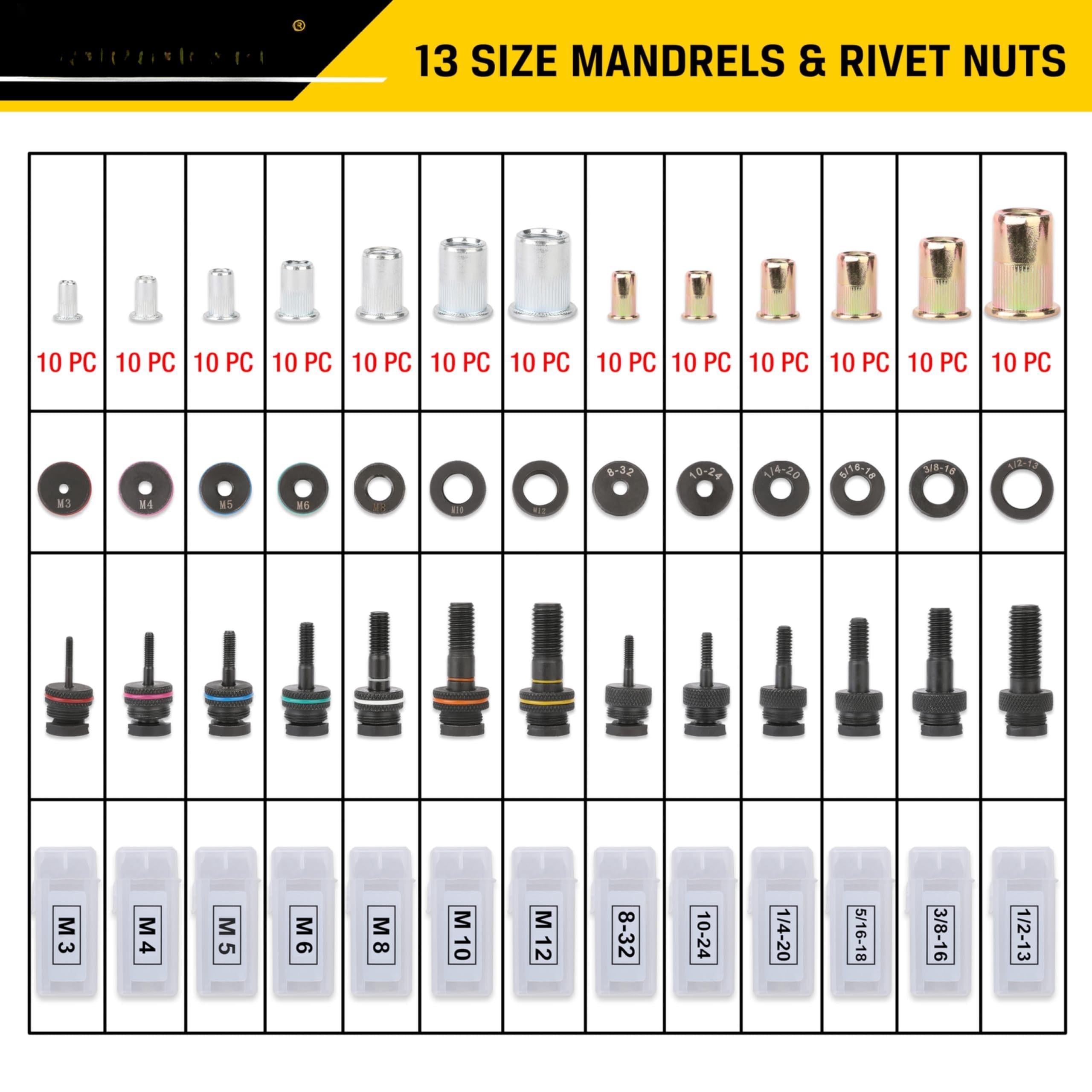 16" Rivet Nut Tool Kit With Auto Release  Heavy Duty Hand Riveter-13 Metric&sae Mandrels 130pcs Nutserts Long Arm Labor-saving Design For Automotive Metal & Marine - Includes Plastic Case