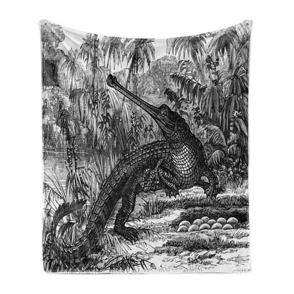 Vintage Soft Flannel Fleece Blanket, Old Fashion Sketch of a Crocodile in Forest Wildlife Nature Woods Fossil Picture, Cozy Plush for Indoor and Outdoor Use, 70" x 90", Charcoal Grey, by Ambesonne