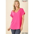 thumbnail image 2 of Zenana Plus Size V-Neck Heavy Dobby Boat Neck Rolled Short Sleeve Blouse Top, 2 of 3