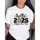 thumbnail image 1 of Hello 2025 Happy New Year" Women's White T-Shirt - Casual Round Neck, Glittery Golden Lettering, Regular Fit, Machine Washable - Perfect for All Seasons, Letter Print, Regular Length, 1 of 5