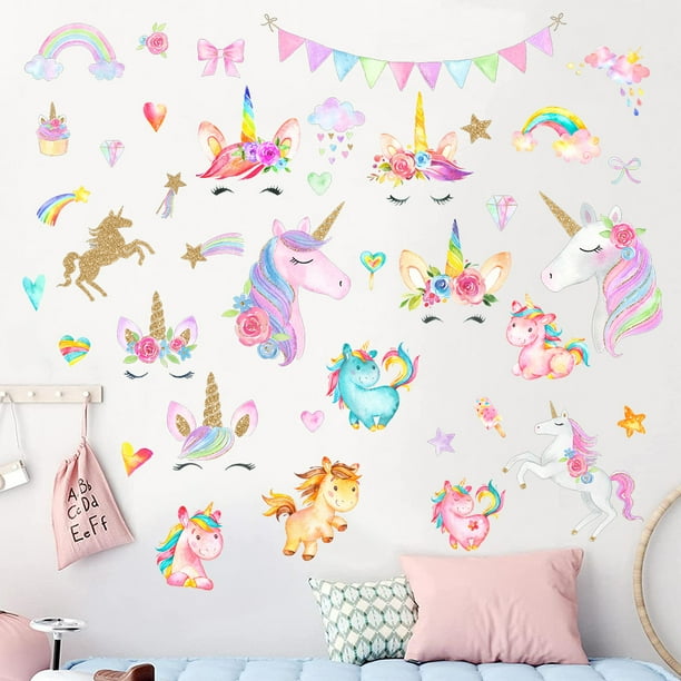 Pegatinas de pared de unicornio para la habitación de las niñas, decoraciones de pared de unicornio de gran tamaño para la fiesta de cumpleaños de la habitación de los niños de Gilrs JAMW Sencillez