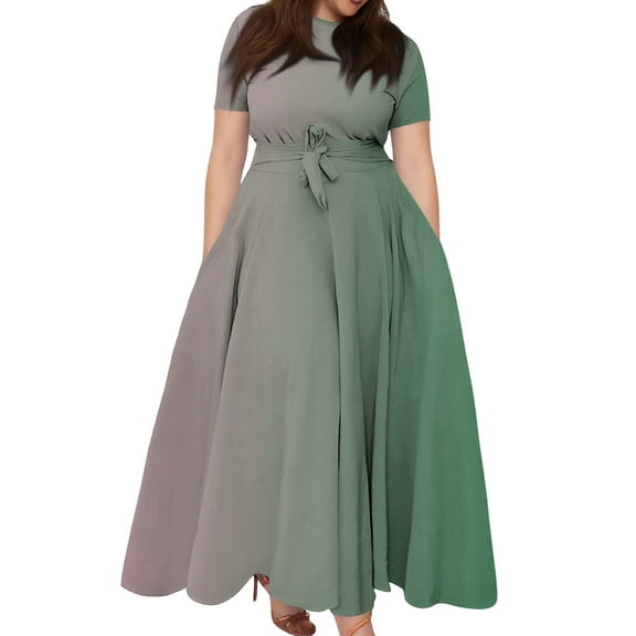 Women's Plus Size Casual Fashion Gradient Print Round Neck Short Sleeve Pocket Tie-Waist Swing Dress - Pink XXL