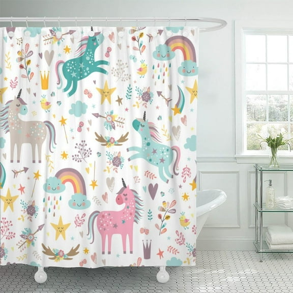 Shower Curtain Kids Rainbow Blue Pattern Unicorns Pink Baby Girl Animal Arrow Beautiful Waterproof Polyester Fabric 72 x 72 Inches Set with Hooks
