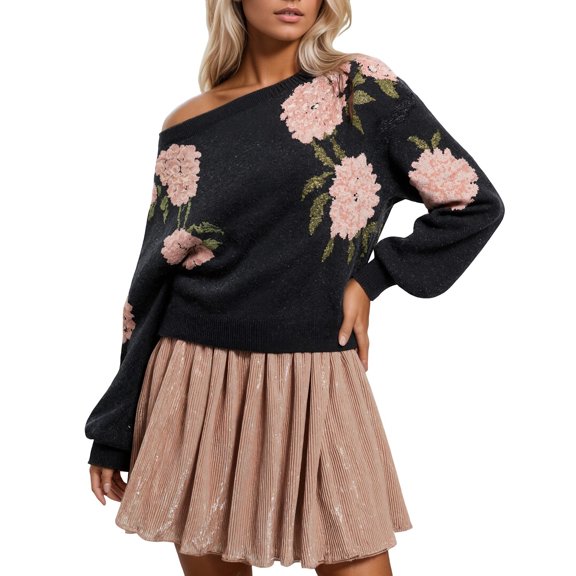 Women's Sweater Floral Jacquard Ribbed Hem Long Sleeve Crew Neck Casual Fall Clothes Outfits