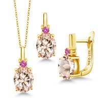 Gem Stone King 4.95 Ct Peach Morganite Pink Created Sapphire 18K Yellow Gold Plated Silver Pendant and Earrings Jewelry Set