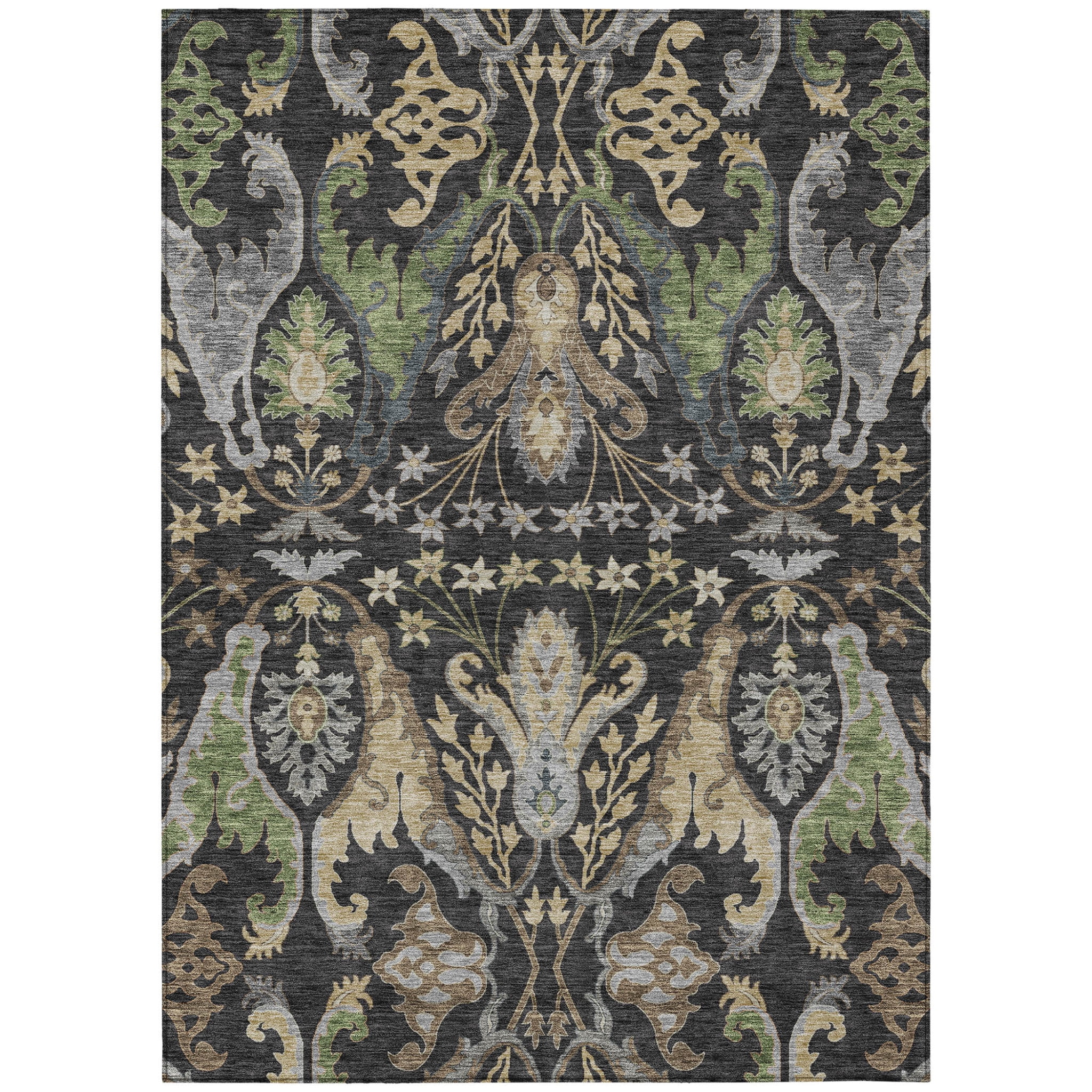 5' X 8' Black Green And Brown Floral Washable Indoor Outdoor Area Rug