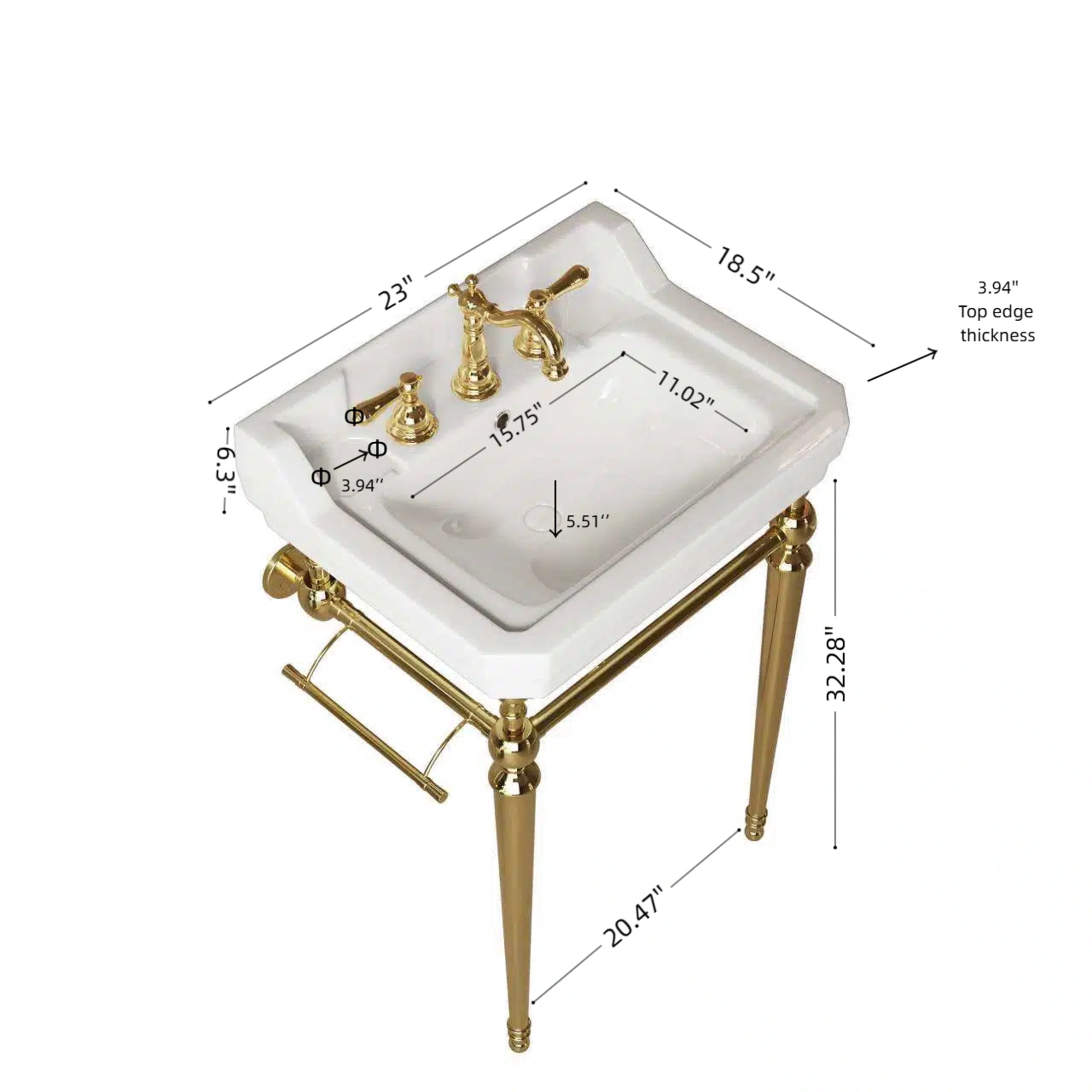 Noble House VICI 23" Bathroom Console Sink, Wall-Mounted Ceramic Basin Vanity with Stainless Steel Legs, White & Gold