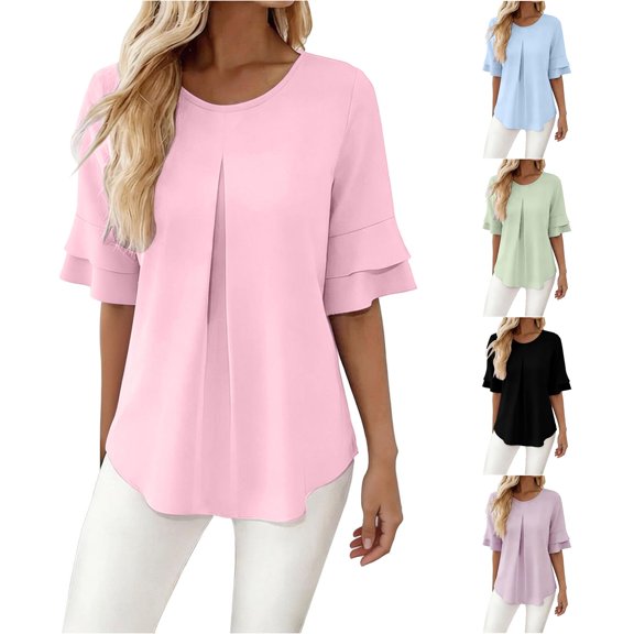 CAIVO Women Blouses Dressy Casual Summer Loose Fit Ruffle Cap Sleeve Tunic Shirts Short Sleeve O-Neck Solid Color Trendy Tops