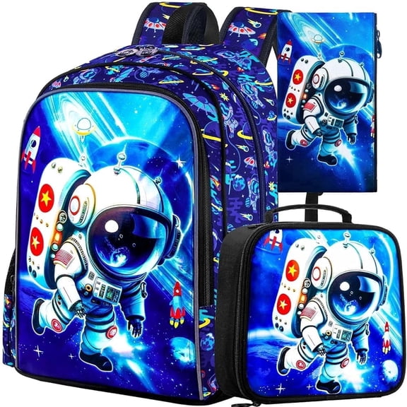 Astronaut Backpack and Lunch Box Set for Boys, 3PCS 16 Inch Water Resistant Preschool Bookbag with Matching Lunch Bag & Pencil Case, Elementary Kindergarten School Backpack for Kids