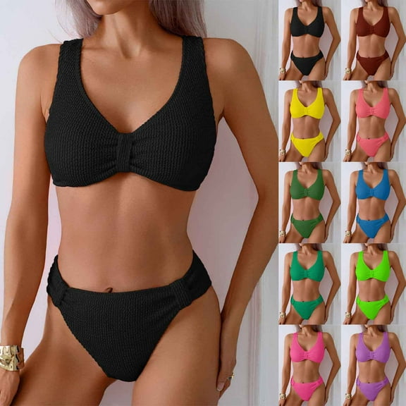 UTSJKR Mid Rise Bikini Sets for Women Trendy Two Piece Bathing Suits V Neck Ruched Padded Swimsuit Solid Color Swimwear Army Green XL