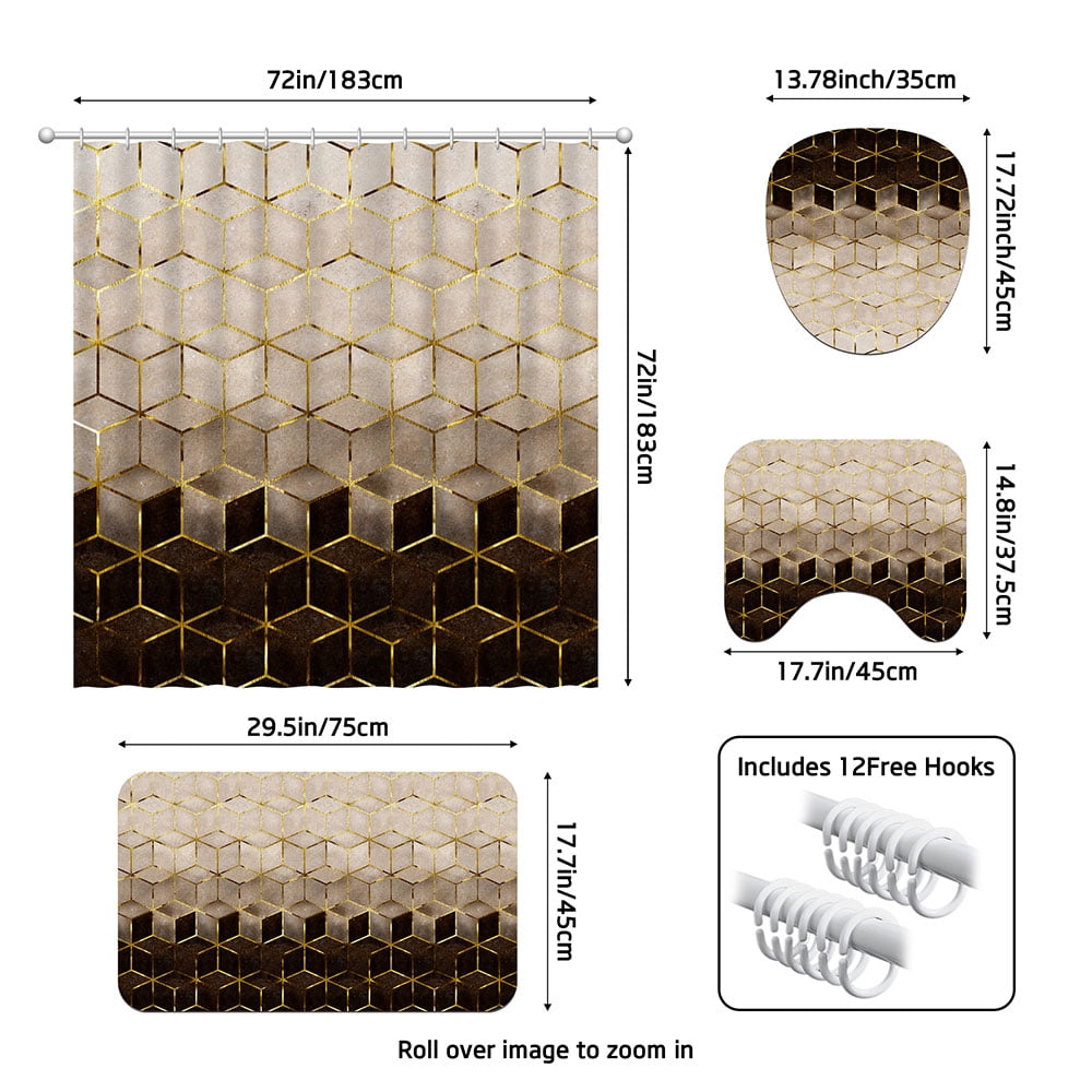 4 Pcs Art Gold Geometric Luxury Shower Curtain Set with Rug Toilet Cover and Bath Mat for Bathroom