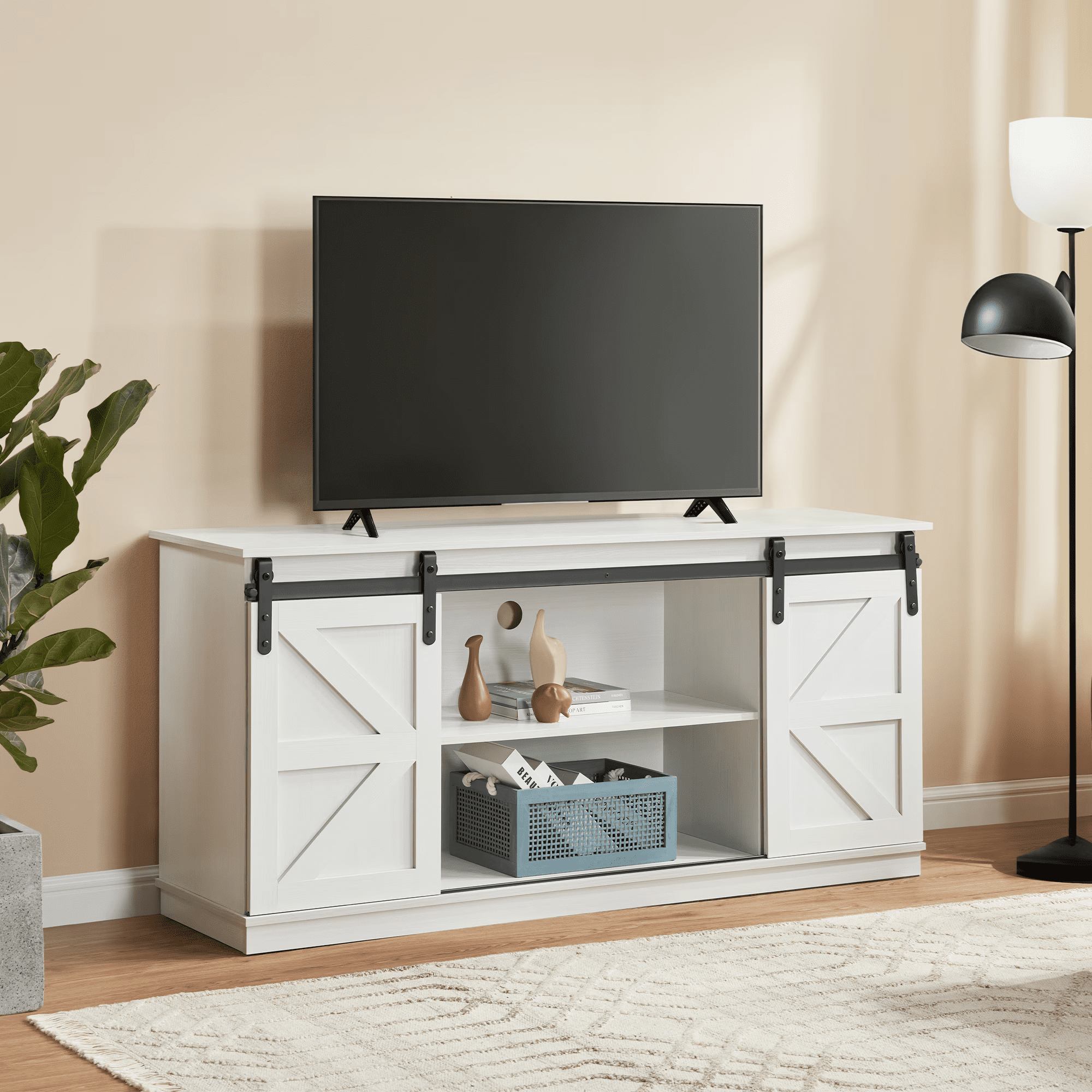 MAYEERTY 58" Farmhouse TV Stand with Sliding Barn Doors, Storage Cabinets for TVs Up to 65", White