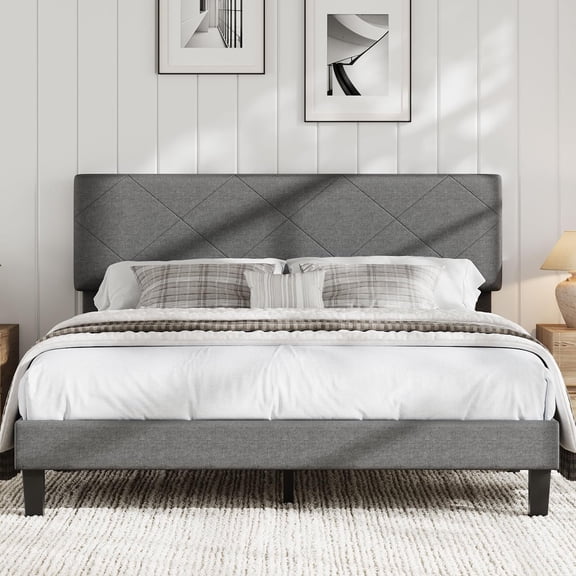 Ataucjin Full Size Bed Frame with Upholstered Headboard, Full Size Platform Bed Frame with Wooden Slat Support,No Box Spring Needed & Noise Free, Easy Assembly