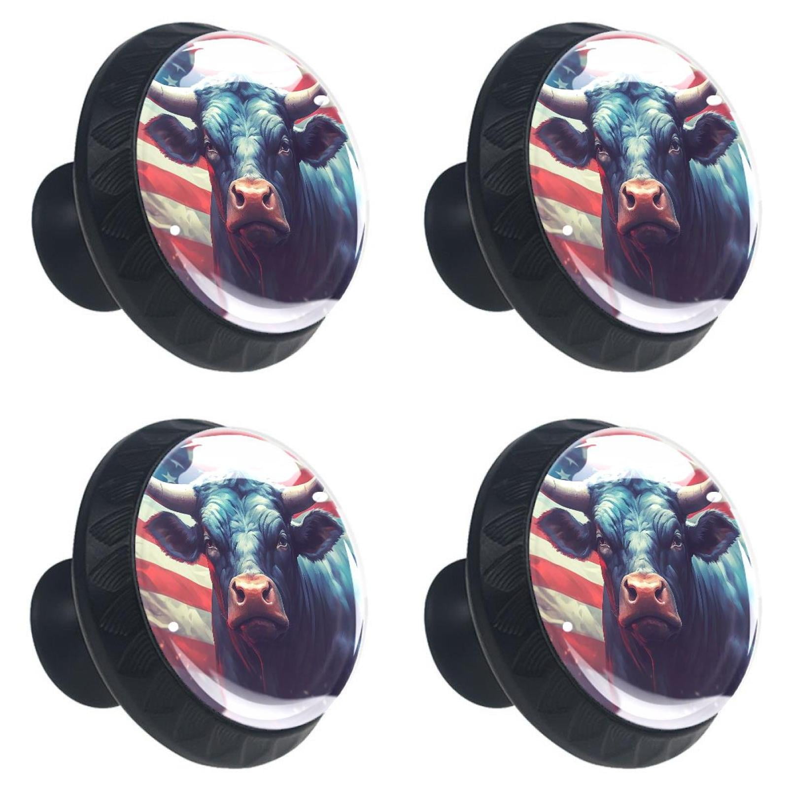 4 Pcs Cow American Flag Knobs for Kitchen Cabinet Cupboard Dresser Bookcase Drawer Pulls Handles Round Home Decor