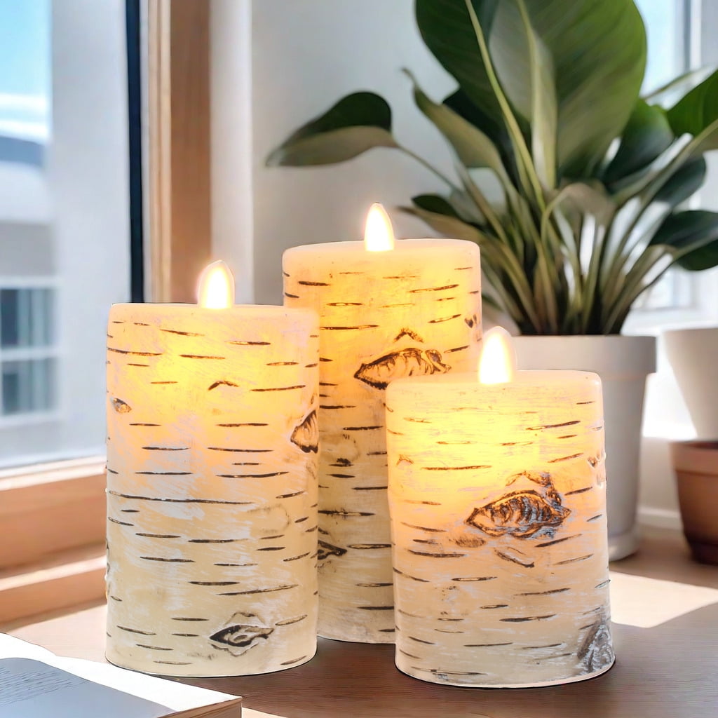 Flameless Candles Set of 3 ,D 3" x H 4" 5" 6"  Birch Bark Real Wax Pillars & Moving Flame Wick LED Candles with  Remote Control