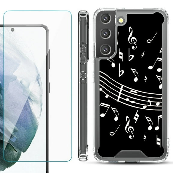 Shockproof Bumper Phone Case for Samsung Galaxy S22 5G, with Tempered Glass Screen Protector, by OneToughShield ® - Music Notes / Black